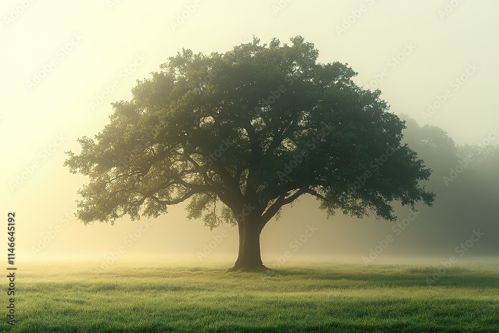 Obraz premium A large tree is in a field with a foggy sky