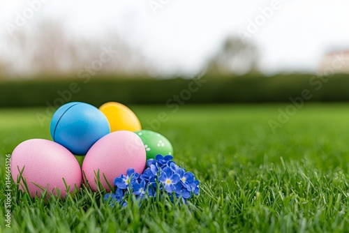 Vibrant Easter eggs concealed in the grass and spring blooms, illuminated by bright sunlight, ideal for holiday designs with room for text.