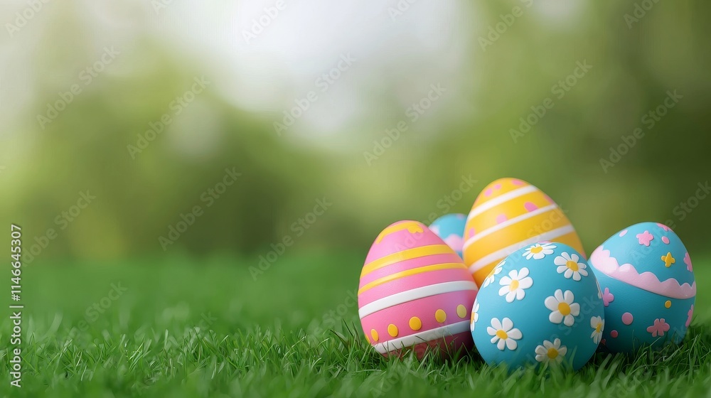 Brightly colored Easter eggs nestled in the grass, bathed in the morning sunlight, capturing the essence of a springtime egg hunt. A vibrant, cheerful photo perfect for the holiday season. Brightly colored Easter eggs nestled in the grass, bathed in the morning sunlight, capturing the essence of a springtime egg hunt. A vibrant, cheerful photo perfect for the holiday season.