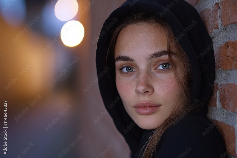 A cheerful young woman in a hoodie leans against a brick wall, radiating confidence and warmth while showcasing a relaxed and urban lifestyle in a creative environment.