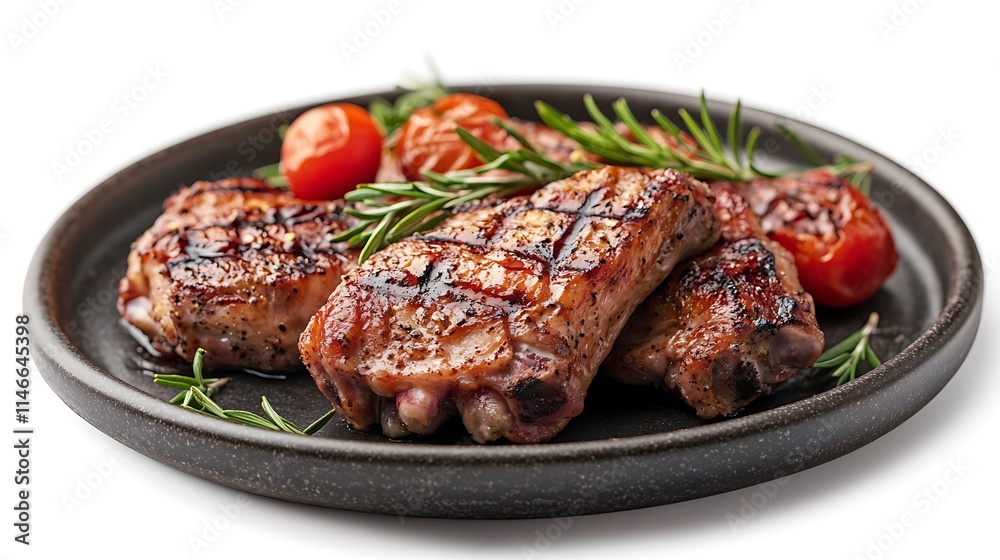 Two grilled chicken drumsticks on a wooden board, with fresh rosemary and a small bowl of tomato sauce.
Two grilled chicken drumsticks on a wooden board, with fresh rosemary and a small bowl of tomato sauce.