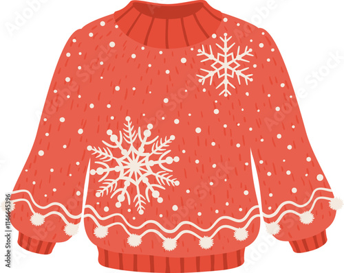 Warm red christmas sweater with white snowflakes and pompoms is perfect for winter holidays and celebrations, bringing cozy and festive vibes
