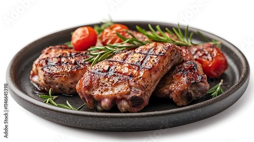 Two grilled chicken drumsticks on a wooden board, with fresh rosemary and a small bowl of tomato sauce.