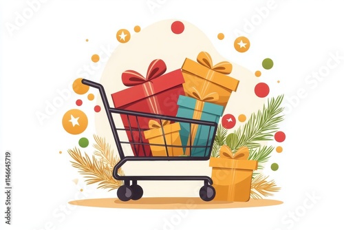 Festive shopping scene featuring cartoonish cart with oversized gifts holiday market illustrative design joyful atmosphere playful perspective photo