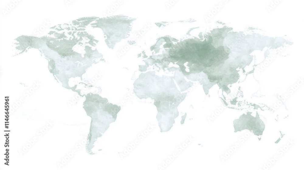 Fototapeta premium A soft, abstract world map in muted green tones, emphasizing landmasses with a watercolor effect on a light background.