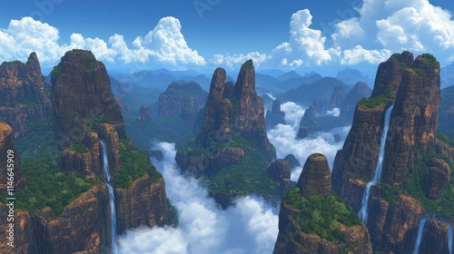 Serene Cloud-Capped Mountains with Cascading Waterfalls