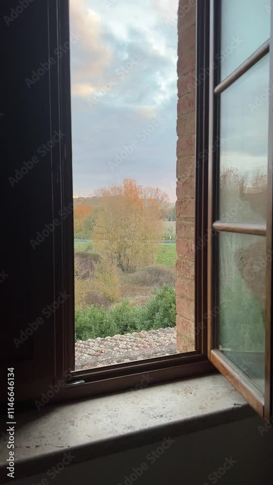 Tuscany, Italy - November 24, 2024: Serene view of a Tuscan countryside through an open window in a cozy hotel room. Tuscany, Italy - November 24, 2024: Serene view of a Tuscan countryside through an open window in a cozy hotel room.