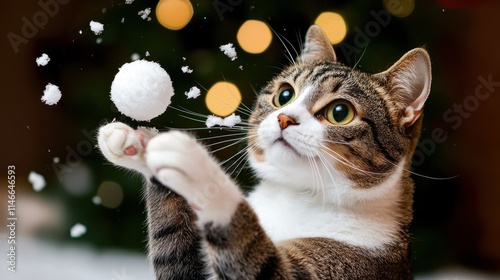 Playful Cat Jumps to Catch Snowball in Festive Winter Wonderland Scene