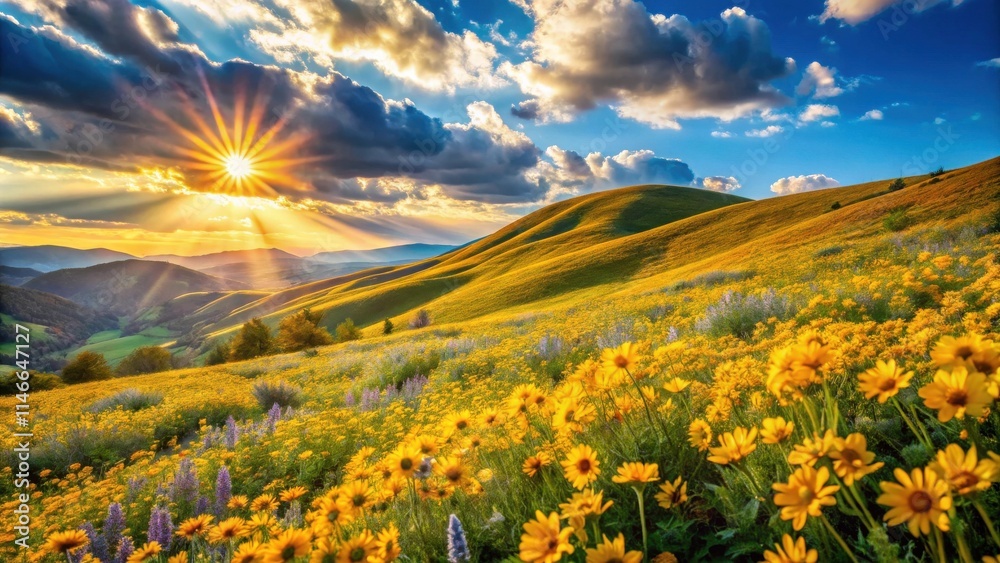 Obraz premium A golden sunset illuminates rolling hills blanketed in a vibrant sea of yellow wildflowers, creating a breathtaking landscape of natural beauty.