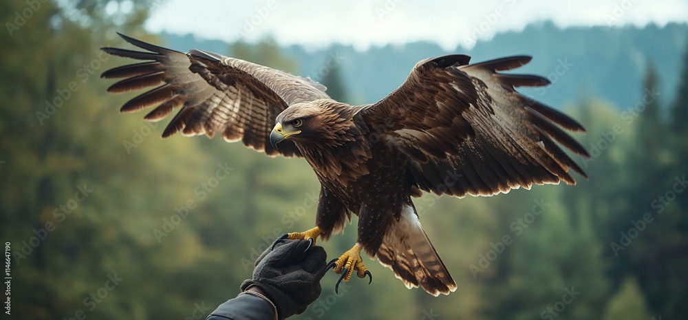 Obraz premium A falconer holds a hawk with outstretched wings in a natural setting.