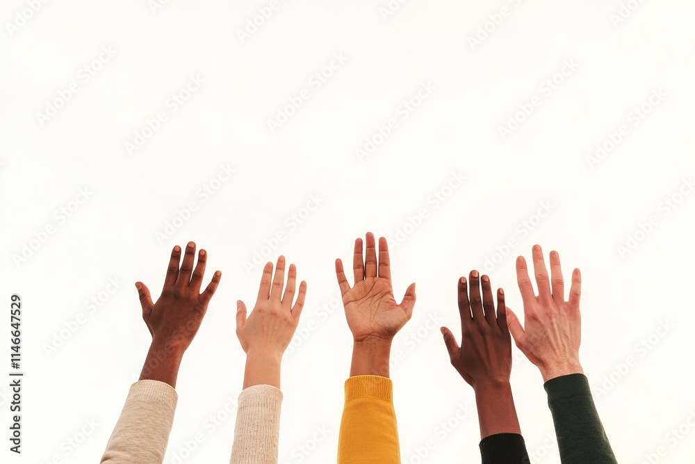 Raised hands of diverse people against clear background Raised hands of diverse people against clear background