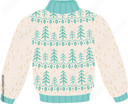 Warm knitted christmas sweater with fir trees and winter ornament is lying on white background, perfect for winter holidays, cozy clothing and seasonal fashion