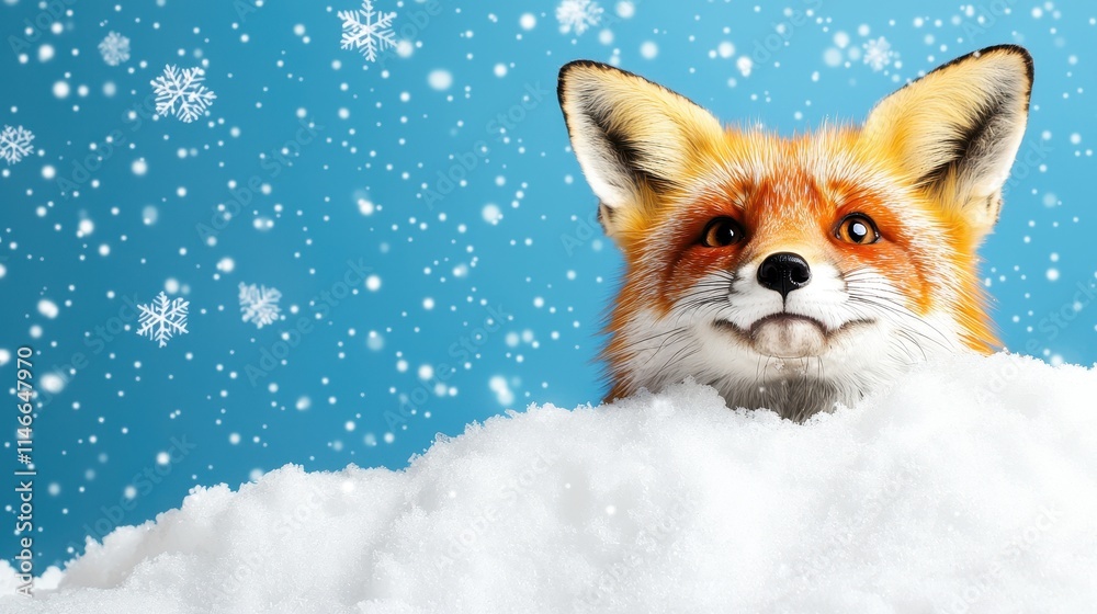 Obraz premium Cheerful Fox Peeking Through Snowy Landscape Under Blue Winter Sky with Falling Snowflakes