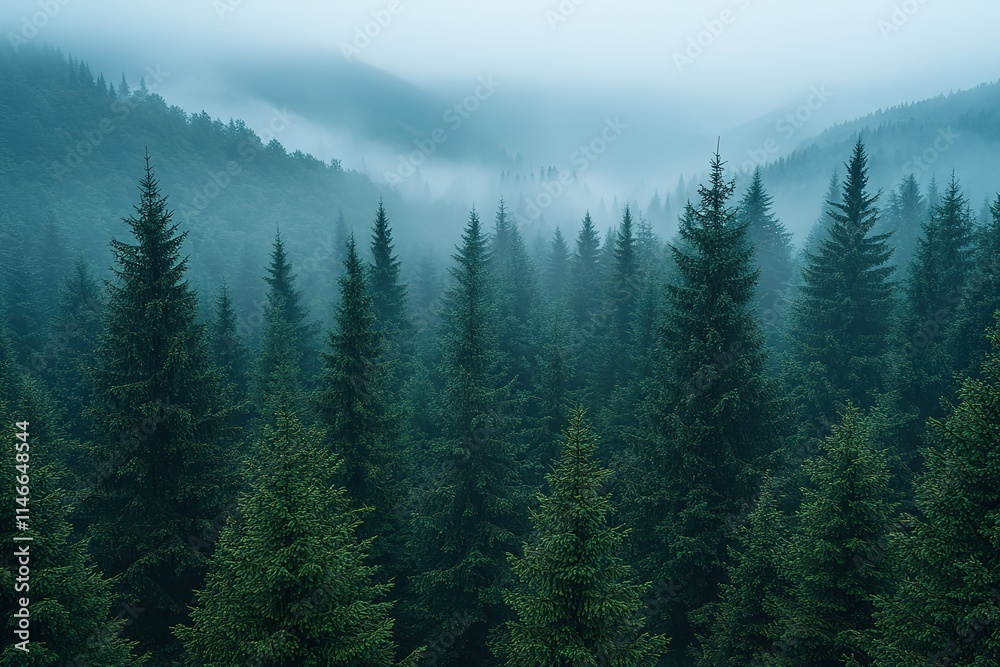 A forest with trees covered in fog A forest with trees covered in fog