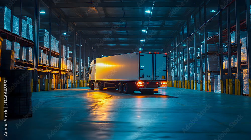 Semi-truck Loading in Modern Warehouse During Night Time with Yellow Lighting and Shelves Full of Products in Industrial Setting Semi-truck Loading in Modern Warehouse During Night Time with Yellow Lighting and Shelves Full of Products in Industrial Setting