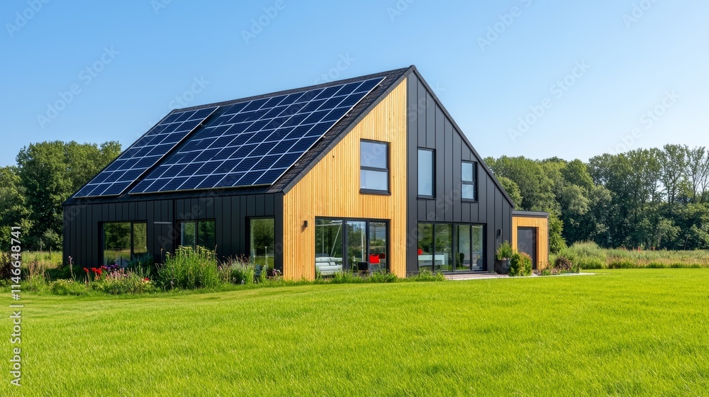 An eco-friendly passive house with a modern design, featuring a photovoltaic system on its gable roof. An eco-friendly passive house with a modern design, featuring a photovoltaic system on its gable roof.