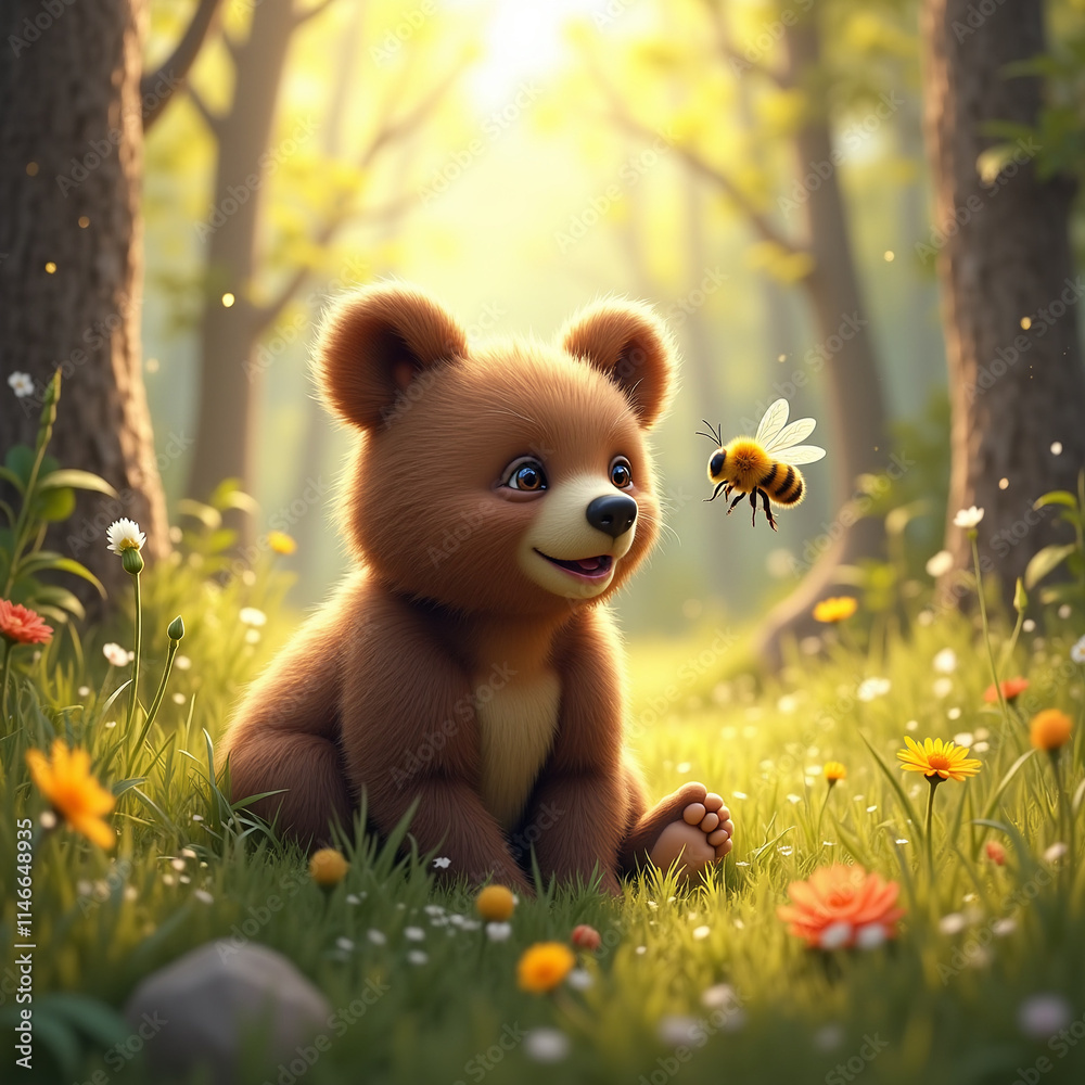 Bear cub curiously watching a bee in flowers