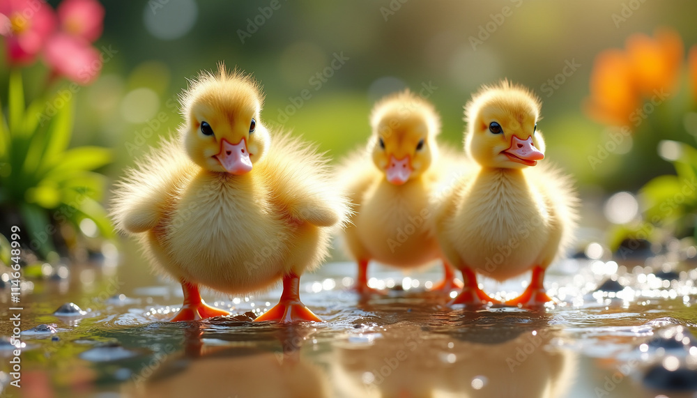 Ducklings in a row on a sunny path Ducklings in a row on a sunny path