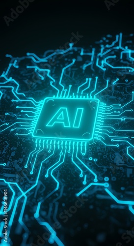 Abstract AI concept: glowing blue circuit board with central processor displaying 