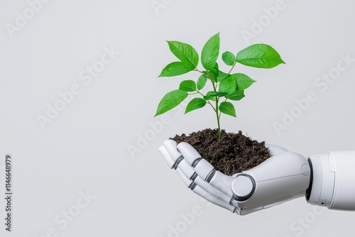 A robotic hand clutching a soil-bound tree, emphasizing the themes of green innovation and ecological conservation. photo