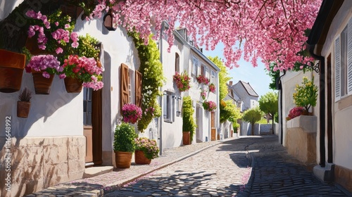 Fototapeta Naklejka Na Ścianę i Meble -  Charming spring village scene quaint street watercolor art blossom-laden environment