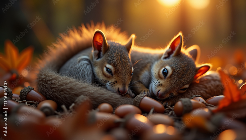 Two squirrels with nuts among autumn leaves Two squirrels with nuts among autumn leaves