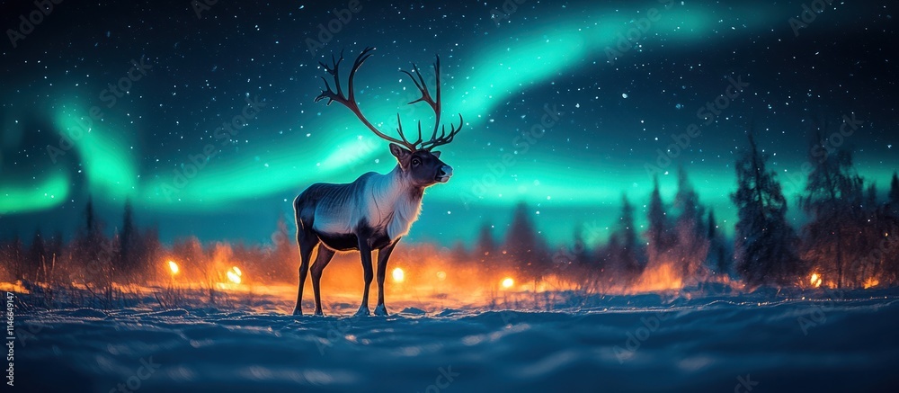 Reindeer under aurora borealis in snowy landscape. Reindeer under aurora borealis in snowy landscape.