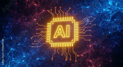 Abstract AI microchip concept.  Glowing circuitry and particle effects.  Digital technology background.