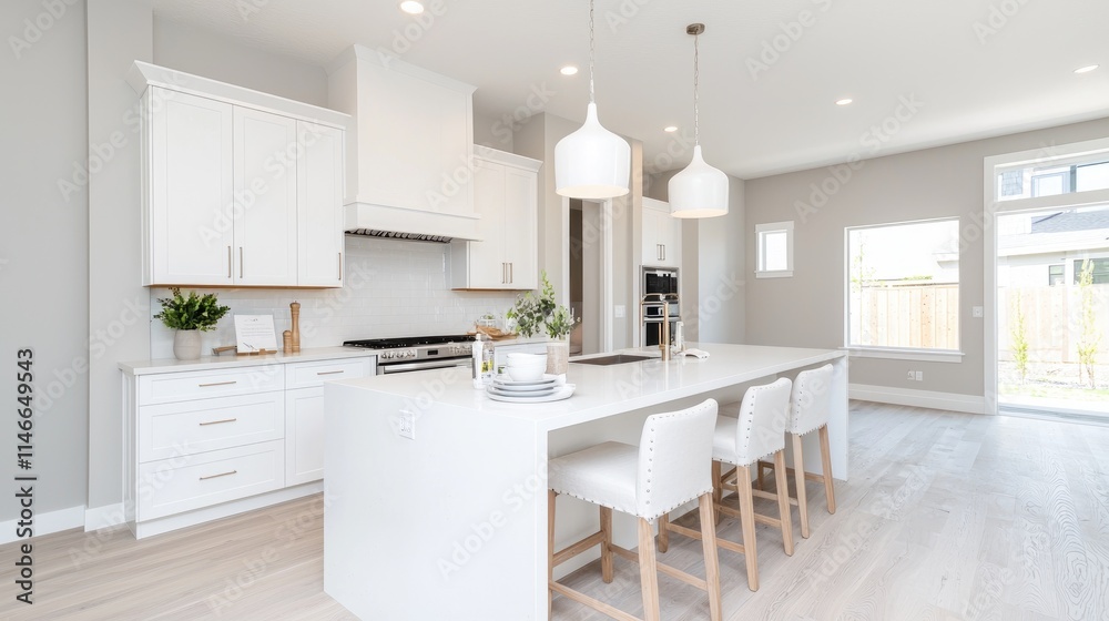 Fototapeta premium Modern white kitchen with island, pendant lights, and hardwood floors.