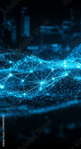 Abstract digital landscape.  Glowing blue network nodes and connections form a flowing, wave-like pattern.  Perfect for technology, AI, or data concepts.
