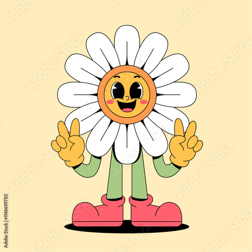Retro cartoon white flower mascot