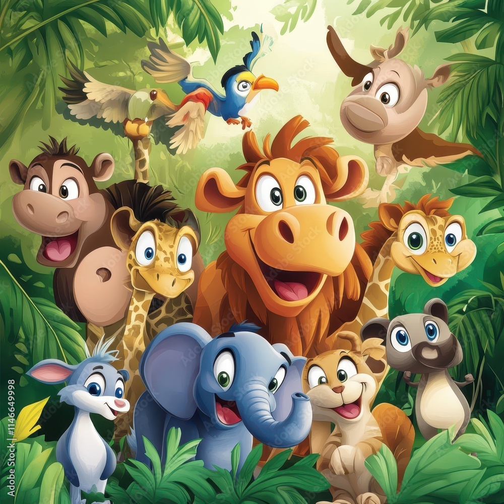 Naklejka premium Adorable Jungle Animals Grouped Together In Lush Foliage