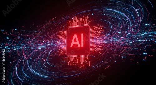 AI processor core glowing red, surrounded by swirling digital energy.  Abstract technology concept.
