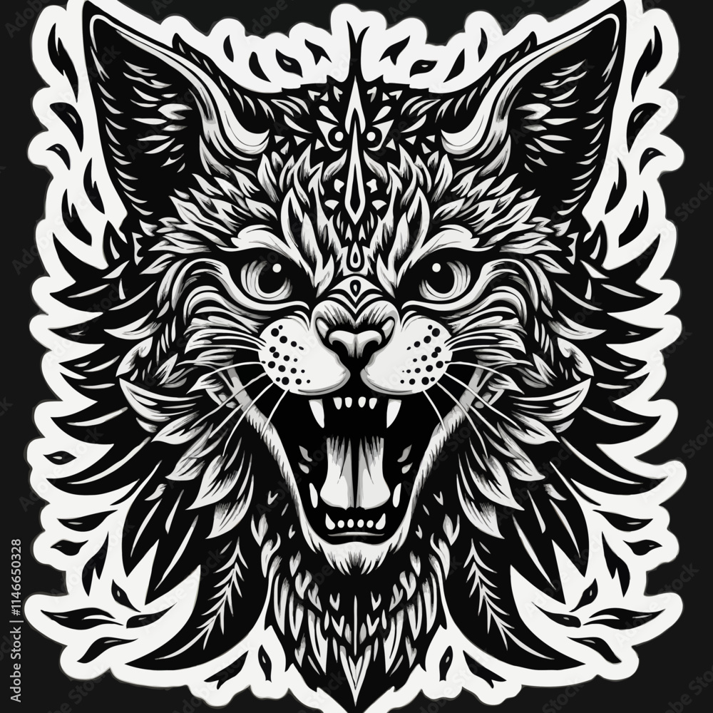 Fototapeta premium Stylized vector illustration of a roaring cat head with decorative patterns.Strength. Elegance. Artistic expression.Tattoo design, decorative animal art, abstract wildlife illustration, banner for cre