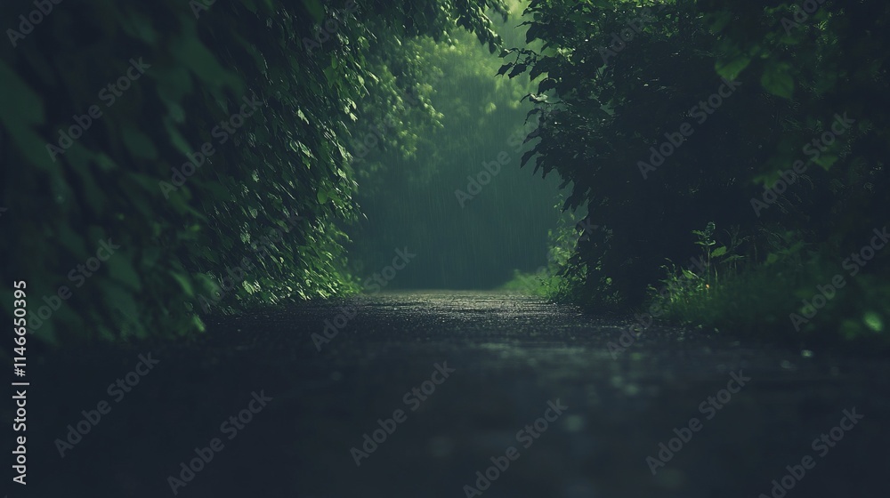 Serene Green Tunnel Path in the Misty Rain Serene Green Tunnel Path in the Misty Rain