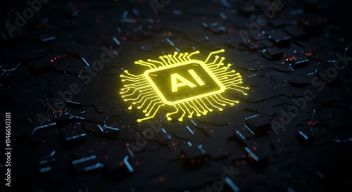 Glowing AI chip on circuit board; futuristic technology concept.  Perfect for artificial intelligence, technology, and innovation themes.