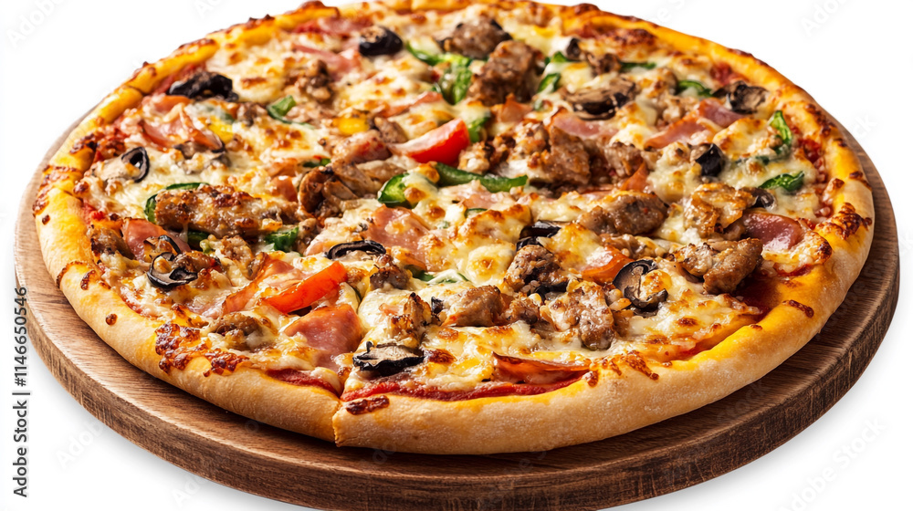 Delicious pizza topped with meat and vegetables served on a wooden platter. Delicious pizza topped with meat and vegetables served on a wooden platter.