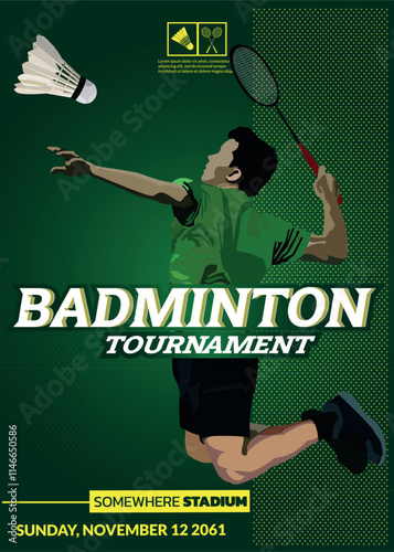 Badminton Tournament, green sport poster. Badminton player with shuttlecock