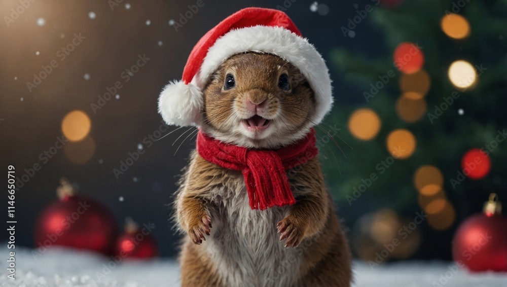 Small brown animal with a red scarf on Christmas background Small brown animal with a red scarf on Christmas background