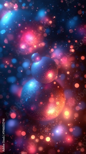 A vibrant abstract representation of glowing spheres and particles in a cosmic setting.