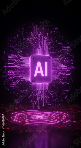 Glowing purple AI chip, digital circuit board, futuristic technology concept.  Perfect for tech, innovation, and artificial intelligence themes.