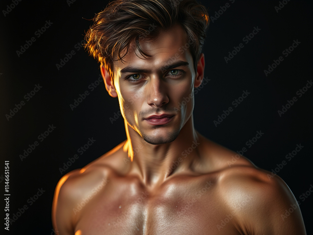 Obraz premium A handsome, shirtless, muscular man with defined abs and a strong chest, showcasing his fit physique