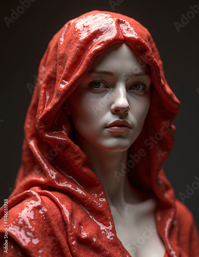 Red Hood Mystic Beauty: Hyper-Realistic Digital Portrait of Elegance photo