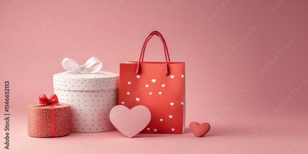 Elegant Valentine's Day Gift Setup with Red and White Heart Decorations and Polka Dot Patterns Elegant Valentine's Day Gift Setup with Red and White Heart Decorations and Polka Dot Patterns
