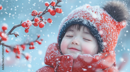 Winter Wonderland: A child's innocent joy in the midst of a snowy day, eyes closed in a peaceful moment of delight, surrounded by nature's beauty