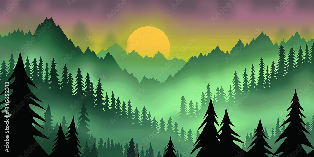 Fototapeta premium Stylized Illustration of Mountain Range at Sunset with Evergreen Forest