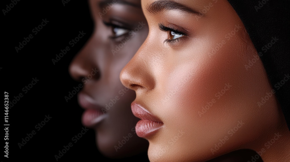 Close-up profile view of two women with different skin tones. Close-up profile view of two women with different skin tones.