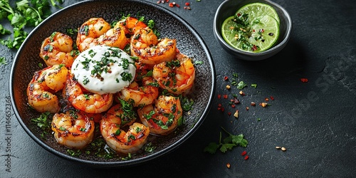 Grilled shrimps or prawns served with lime, garlic and white sauce on a dark concrete background. Seafood. Top view with copy space. Flat lay