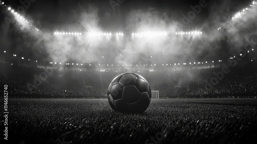 Monochrome soccer stadium at night with a ball on a foggy field under spotlights. Perfect for atmospheric sports events and competitive football match concepts.