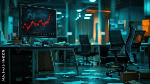 Office space with empty chairs and desks, declining graph. Papers and folders scattered on the floor, the downfall of the company background AI generated image